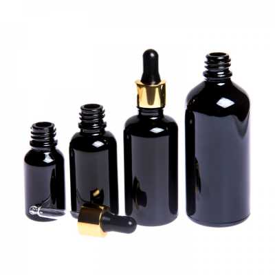 Skleněná lahvička, černá lesklá, černo-zlaté kapátko, 10 ml