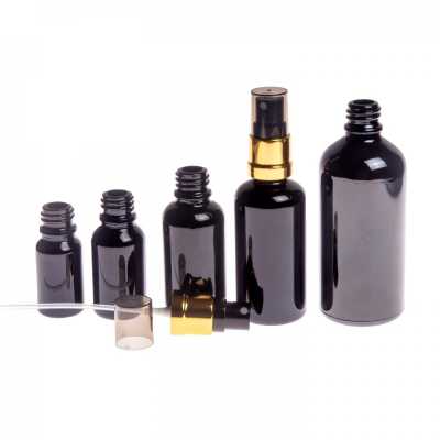 Skleněná lahvička, černá lesklá, černo-zlatý rozprašovač, 15 ml
