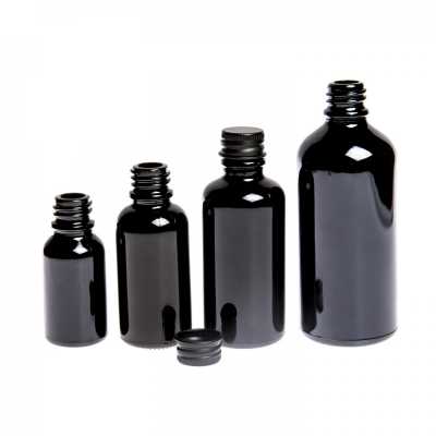 Skleněná lahvička, černá lesklá, černý hliníkový uzávěr, 10 ml