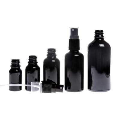 Skleněná lahvička, černá lesklá, černý rozprašovač, 10 ml