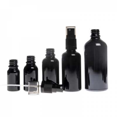 Skleněná lahvička, černá lesklá, černý rozprašovač a kouřový uzávěr, 100 ml