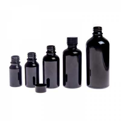 Skleněná lahvička, černá lesklá, černé víčko, 10 ml