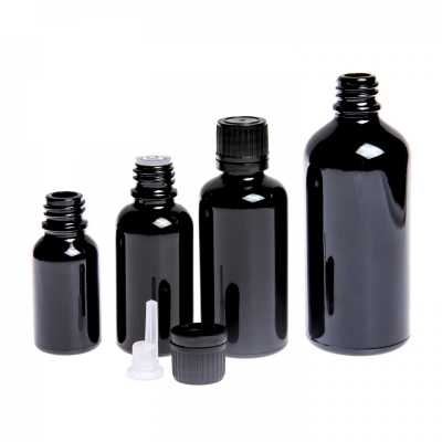 Skleněná lahvička, černá lesklá, černý uzávěr s kapátkem, 10 ml