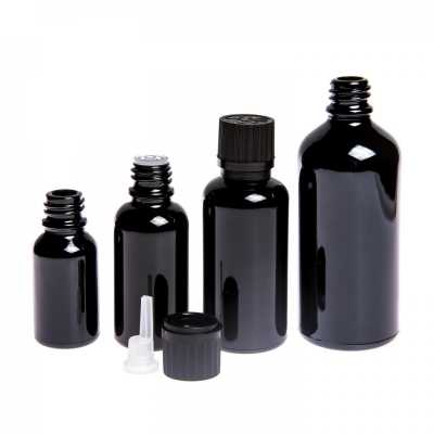 Skleněná lahvička, černá lesklá, černé vroubkované víčko s pojistkou, 10 ml