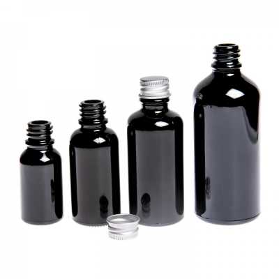 Skleněná lahvička, černá lesklá, hliníkový vršek, 10 ml
