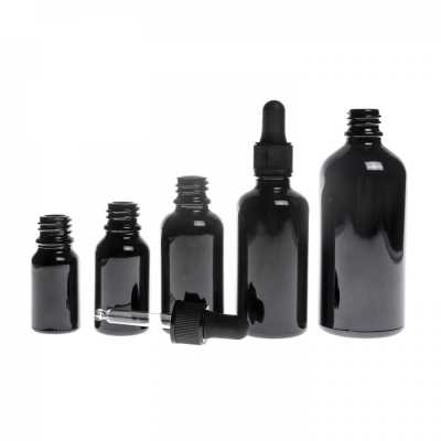 Skleněná lahvička, černá lesklá, černé matné kapátko, 15 ml