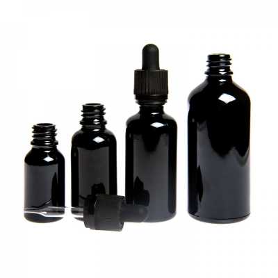 Skleněná láhev, lesklá černá, pipeta s bezpečnostním zámkem, 15 ml