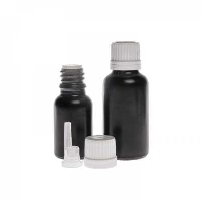 Skleněná lahvička, černá matná, bílý uzávěr s kapátkem, 15 ml
