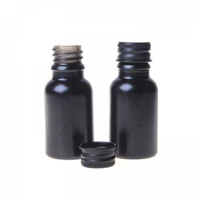 Skleněná lahvička, matná černá, černý hliníkový uzávěr, 15 ml