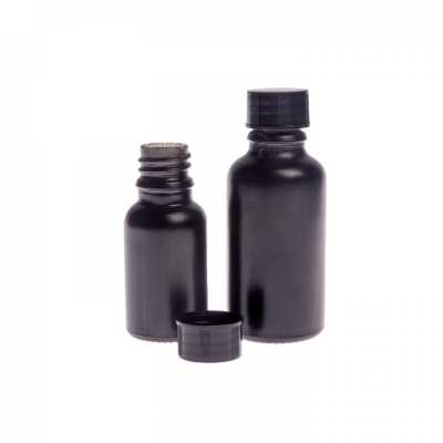 Skleněná lahvička, černá matná, černý uzávěr, 30 ml