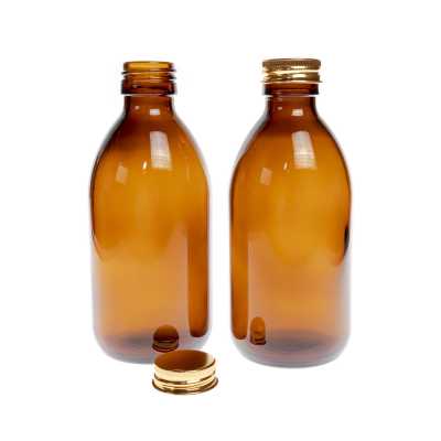 Skleněná láhev, lékovka, 28 mm, 250 ml, hliníková víčka zlatá