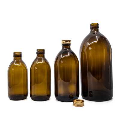 Skleněná láhev, lékovka, 28 mm, 250 ml, hliníková víčka zlatá