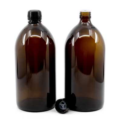 Skleněná láhev, lahvička, 28 mm, černé víčko s nalévací vložkou, 1 l