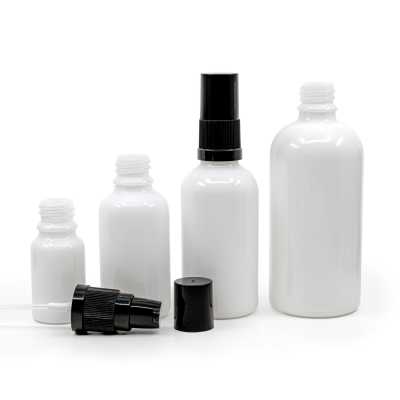 Skleněná lahvička, bílá lahvička, černý dávkovač, černý vršek, 100 ml