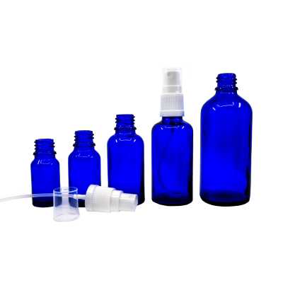 Skleněná lahvička, modrá, bílý sprej, 30 ml