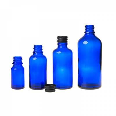 Skleněná lahvička, modrá, černý hliníkový uzávěr, 10 ml
