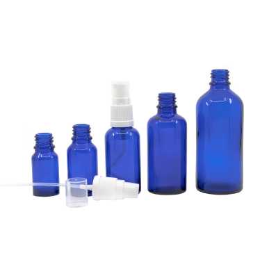 Skleněná láhev, modrá lahvička, bílý dávkovač, 100 ml