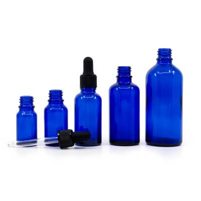 Skleněná lahvička, modrá, černé matné kapátko, 15 ml