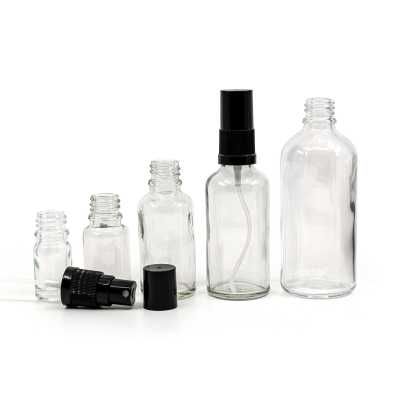 Skleněná lahvička, průhledná, černý rozprašovač, černý vršek, 30 ml