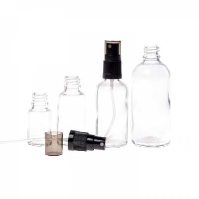 Skleněná lahvička, průhledná, černý rozprašovač, kouřový vršek, 10 ml