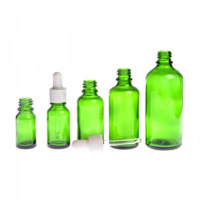Skleněná lahvička, zelená, bílé lesklé kapátko, 10 ml