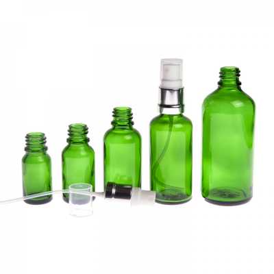 Skleněná lahvička, zelená, bílo-stříbrný sprej, 10 ml