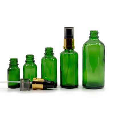 Skleněná láhev, zelená, černo-zlatý lesklý dávkovač, 50 ml