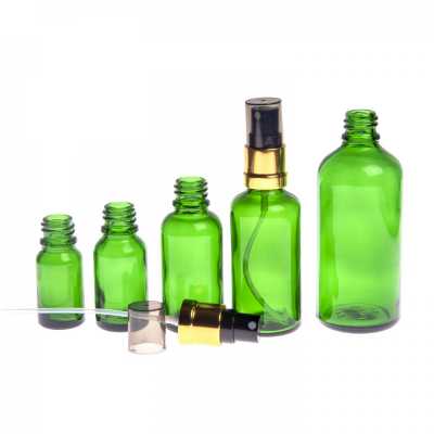 Skleněná lahvička, zelená, černo-zlatý rozprašovač, 10 ml