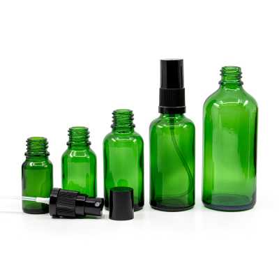 Skleněná lahvička, zelená, černý rozprašovač, černý vršek 100 ml