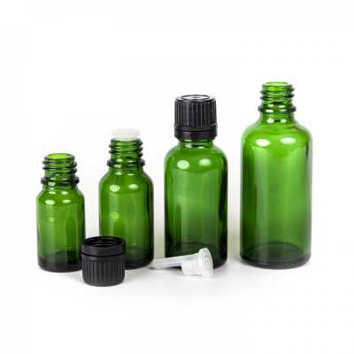 Skleněná lahvička, zelená, černý uzávěr s kapátkem, 10 ml
