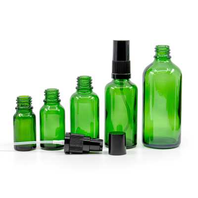 Skleněná lahvička, zelená, dávkovač krému s černým víčkem, 10 ml