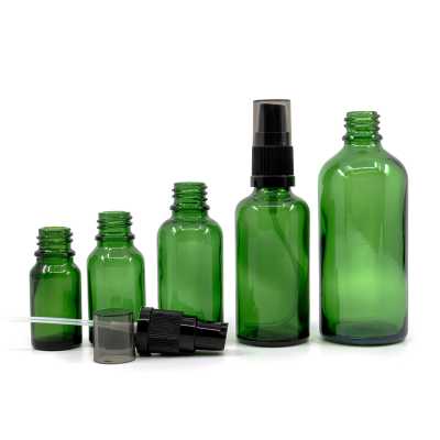 Skleněná lahvička, zelená, dávkovač krému, kouřový vršek, 15 ml