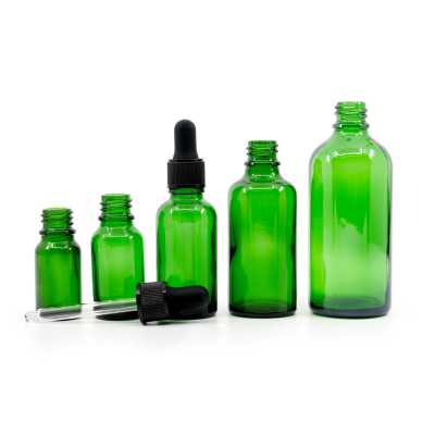 Skleněná lahvička, zelená, černé matné kapátko, 15 ml